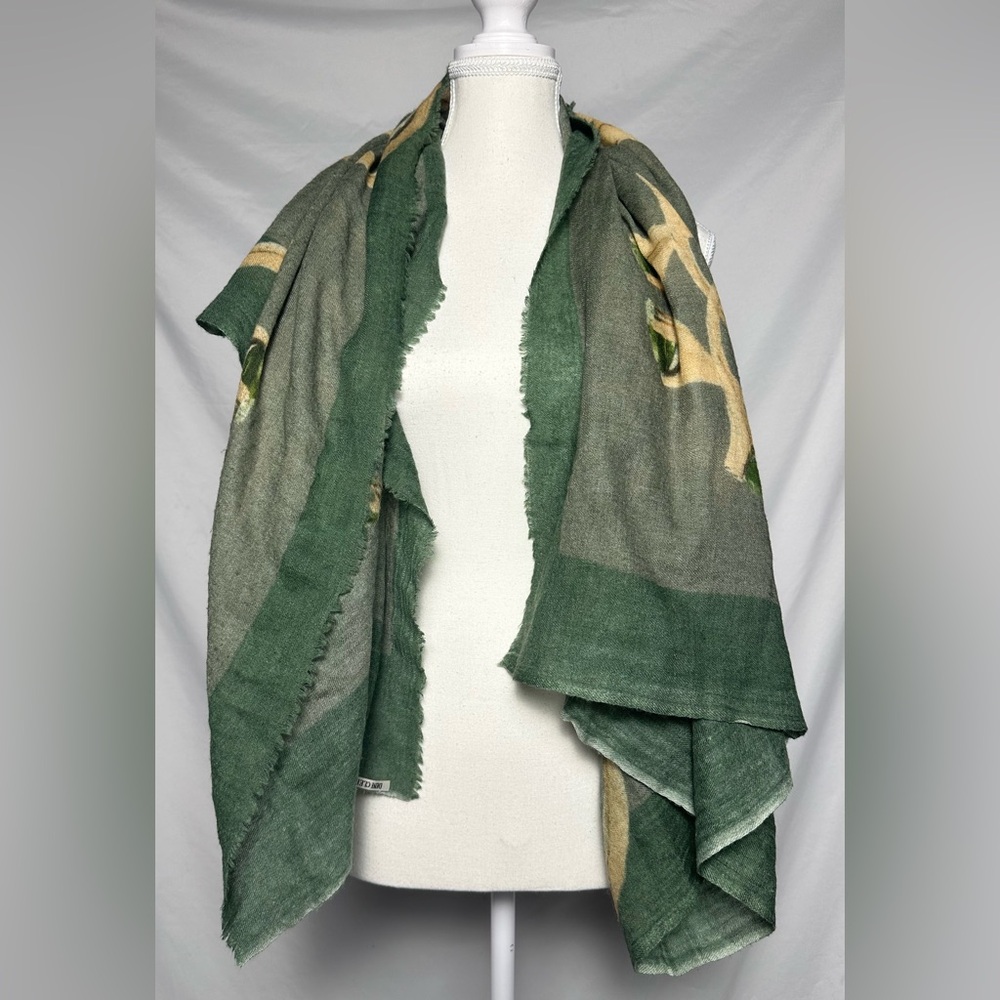 DENI‎ CLER Vintage Wool & Cashmere Blend Elegant Green Printed Scarf